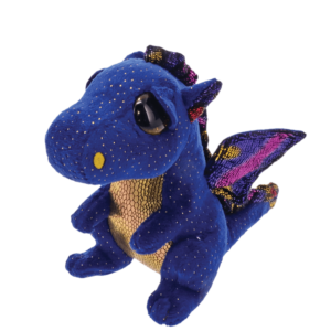 Meu nome é Saffire, sou um dragão de pelúcia azul salpicado de dourado. O dragão mais fofo que você conhecer!